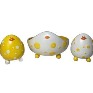 Ganz Set of 3 Baby Chick Egg Cup Holder/Bowl Yellow/White PolkaDots Ganz NEW